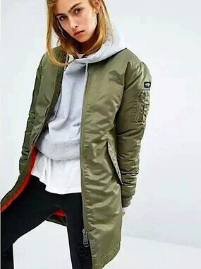 ALPHA INDUSTRIES MA-1 Longline Bomber Flight Jacket Sz S Green Military Utility